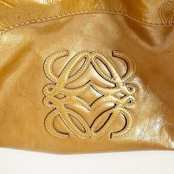 LOEWE Aire Bronze Gold Metallic Patent Leather Bag Medium Top Handle Crinkled - Picture 5 of 15